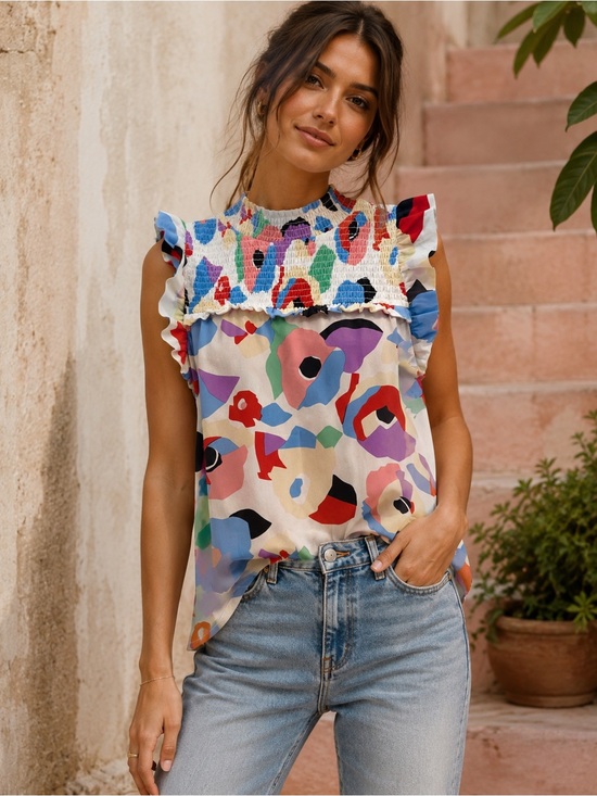 THML Tops - THML Abstract Floral Smocked Yoke Ruffle Sleeve Blouse Top Medium Colorful Boho